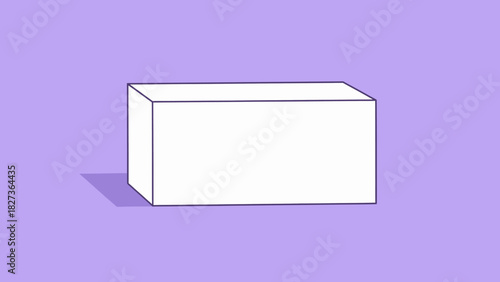 Simple 3D illustration of a white rectangular box with a shadow on a purple background. Minimalist geometric cuboid shape for modern design concepts