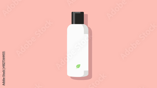 Cosmetic Bottle Illustration with Leaf Icon on Soft Pink Background