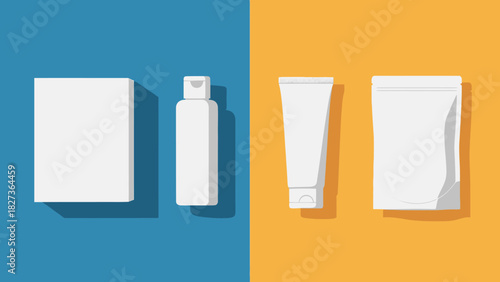 Mockup of cosmetic packaging on a split blue and yellow background