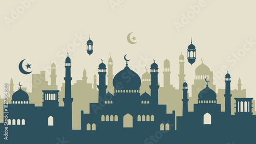 Mosque Silhouette Skyline Islamic Architecture and Crescent Moon