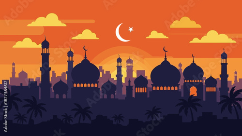 Silhouette of a mosque at sunset with a crescent moon and stars, creating a beautiful Islamic scene