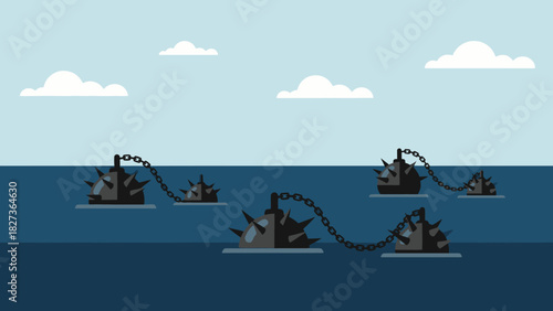 A treacherous sea filled with a network of chained naval mines, symbolizing hidden dangers and strategic risks