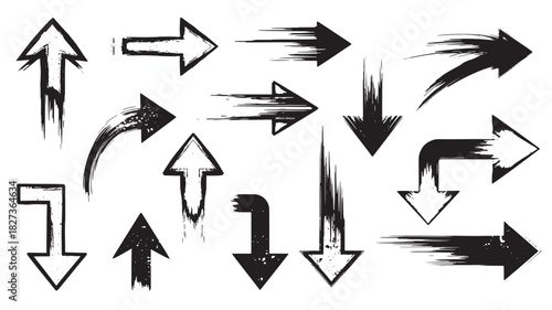 Vector illustration of grunge arrow set pointing in various directions, handdrawn style with brush strokes