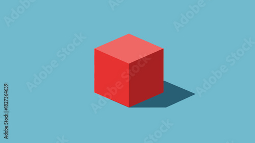 Minimalist red isometric cube casting a long shadow on a clean, light blue background, representing basic 3D geometry and abstract design in a modern, simple graphic illustration