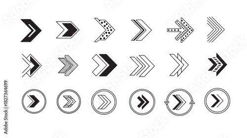 Vector illustration of collection of diverse black arrow icons in various styles and shapes, pointing right