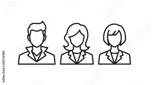 Vector illustration of three diverse business professional user profile avatars, a man and two women, depicted as outline icons