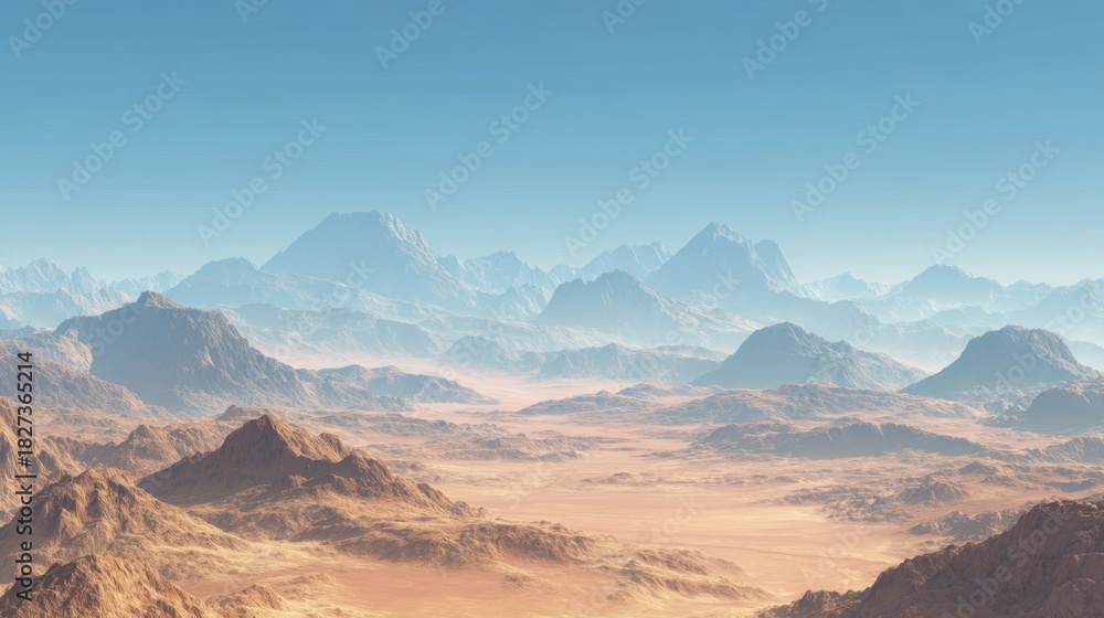 Naklejka premium A breathtaking desert scene features sprawling sand dunes and jagged mountains under a bright blue sky. The early morning light casts soft shadows across the terrain evoking peace.