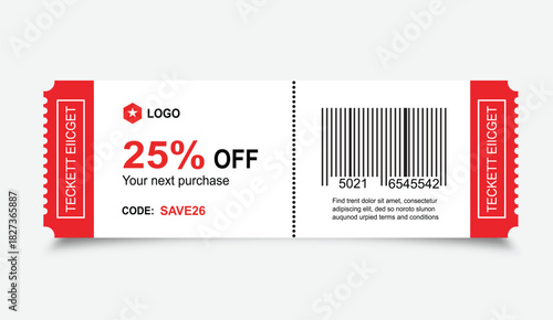 25 percent off coupon with red side tabs, barcode and placeholder text Keywords: coupon, discount, sale, offer, promotion, voucher, percent, off, twenty, five, 25, Christmas