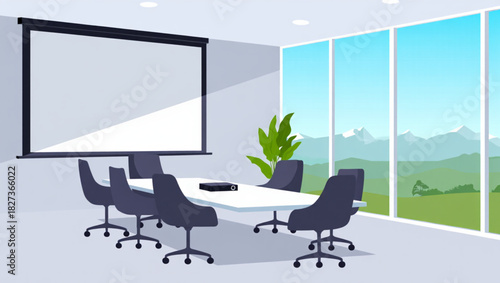 Modern conference room with projector screen and scenic view