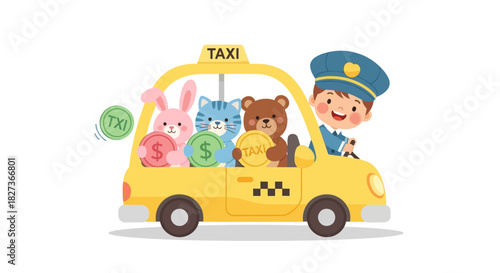 Cute Animals Riding in a Bright Yellow Taxi Cab Driven by a Friendly Police