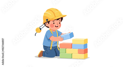 Adorable young girl wearing a construction helmet stacking colorful blocks