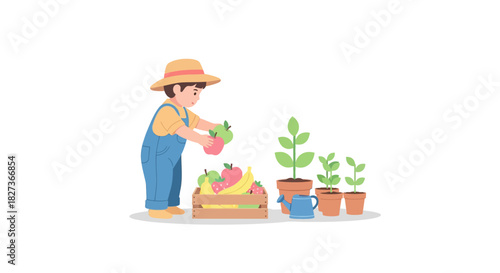 Young Girl Cultivating Small Organic Garden with Fruit and Vegetable Plants in