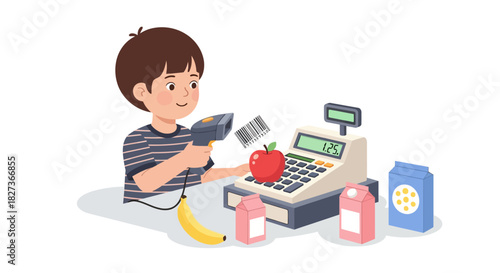 Young boy shopping for groceries with a handheld scanner in a modern