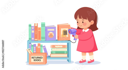 Adorable young girl organizing books on a colorful bookshelf in a cozy