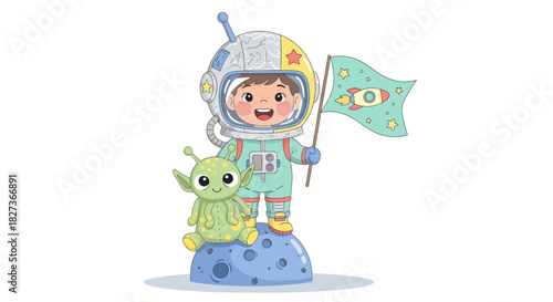 Whimsical Child Astronaut with Alien Companion Celebrating Cosmic Adventure