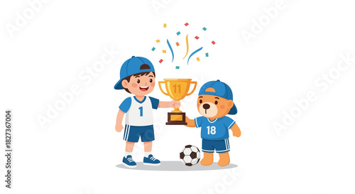 Adorable cartoon children celebrating winning a soccer tournament with a