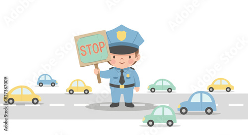 child police officer directing traffic and holding a stop sign on busy street