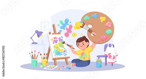 Young child engaging in creative painting activity with colorful art supplies