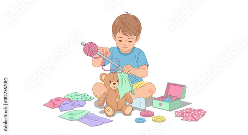 Child Boy Patching Stuffed Teddy Bear with Colorful Knitting Materials for