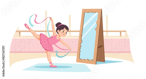 young girl practicing ballet in front of mirror in practice studio