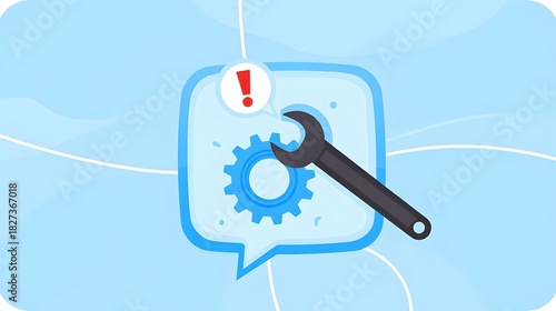 Urgent technical support fixing problem gear with wrench in speech bubble, ideal for IT solutions and repair service promotion, software maintenance