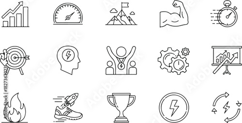 Set of business motivation and leadership icons in simple outline style