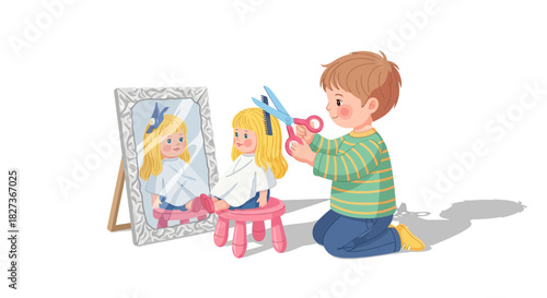 Child Cutting Hair of Play Doll in Front of Mirror Creating a Fun and