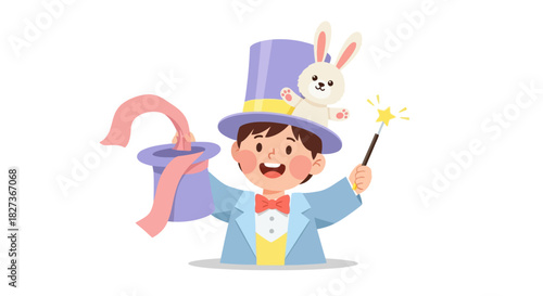 Whimsical young magician with a top hat and cheerful rabbit companion in a