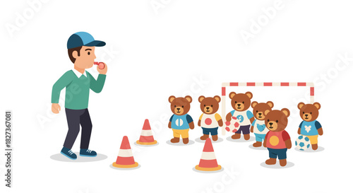 Young boy instructing a group of teddy bears in sports practice on a white