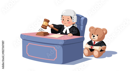 Cartoon Judge with Gavel Sitting at Court Desk with Playful Teddy Bear Companion