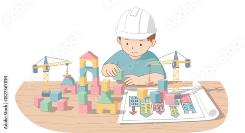 Child Engaged in Creative Architectural Building Activity with Blocks and