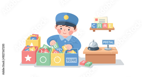 Young postal worker sorting colorful educational packages and letters in a