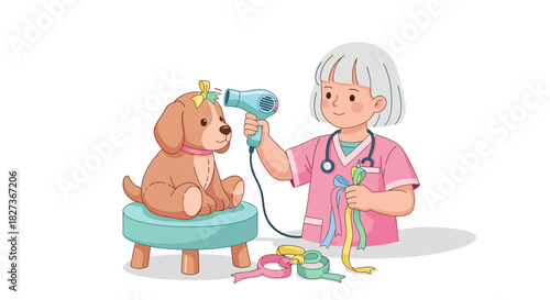 Pediatric Veterinary Care Scene Featuring a Girl Vet and a Brown Puppy