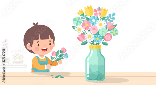 Young girl arranging fresh flower bouquet in a glass vase on a cozy table