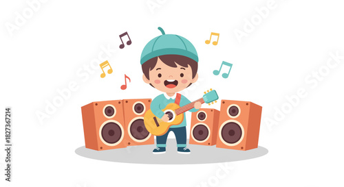 Playful child engaged in musical performance surrounded by large speakers and