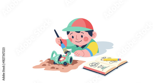 Child Playing with Toy Car and Drawing in Sandbox on Bright Day