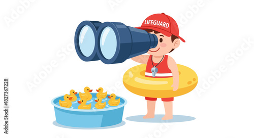 Playful lifeguard child with binoculars exploring pond with rubber ducks