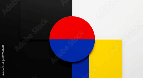 Abstract composition with red and blue circle on black white and yellow background.