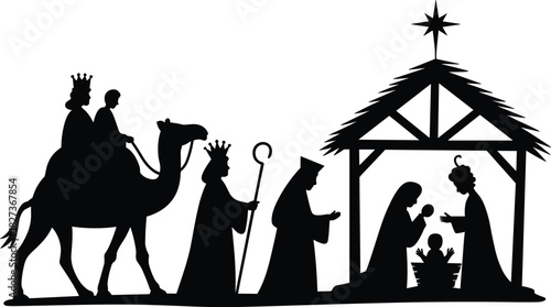 Nativity scene silhouette vector, Christmas birth illustration, wise men and shepherd, holy family in stable, star of Bethlehem, religious holiday art