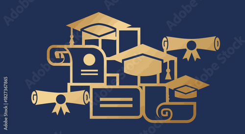 Golden Graduation Caps and Diplomas on Dark Blue Background.