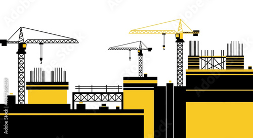 Construction Site with Tower Cranes and Buildings Under Development.