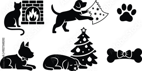 Christmas pet silhouette vector, festive dog cat illustration, holiday fireplace tree scene, black and white cozy design, seasonal animal art