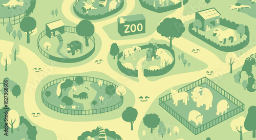 Isometric Zoo Scene with Various Animal Enclosures and Visitors.