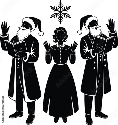 Christmas carolers silhouette vector, festive singing illustration, holiday music scene, black and white winter art, traditional celebration design, seasonal joy