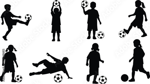 Children playing soccer in silhouette with various poses and actions