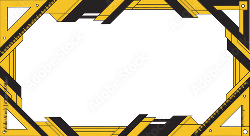 Abstract futuristic geometric frame with yellow and black diagonal lines.