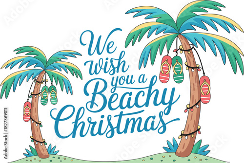 Tropical Christmas vector, palm tree holiday design, beachy festive greeting, flip-flop ornaments, colorful lights, island celebration, exotic winter illustration, seasonal joy