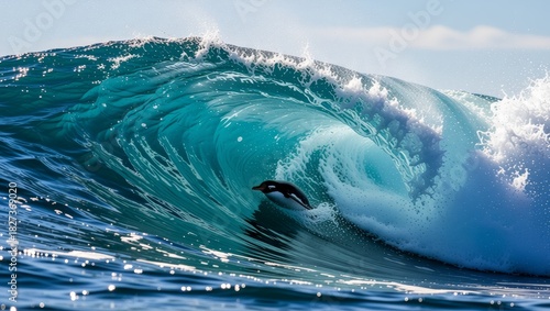 Fototapeta Naklejka Na Ścianę i Meble -  Penguin surfing large ocean wave