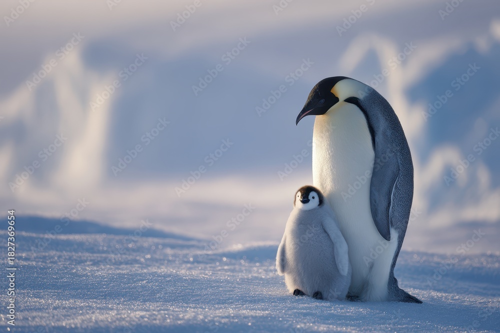 Obraz premium Emperor Penguin With Chick in Snow – Wildlife Family Close-Up Nature Scene