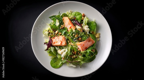 photo of a green salad with salmon on a white plate against a black background, top view. professional food photography for a menu, high resolution. 